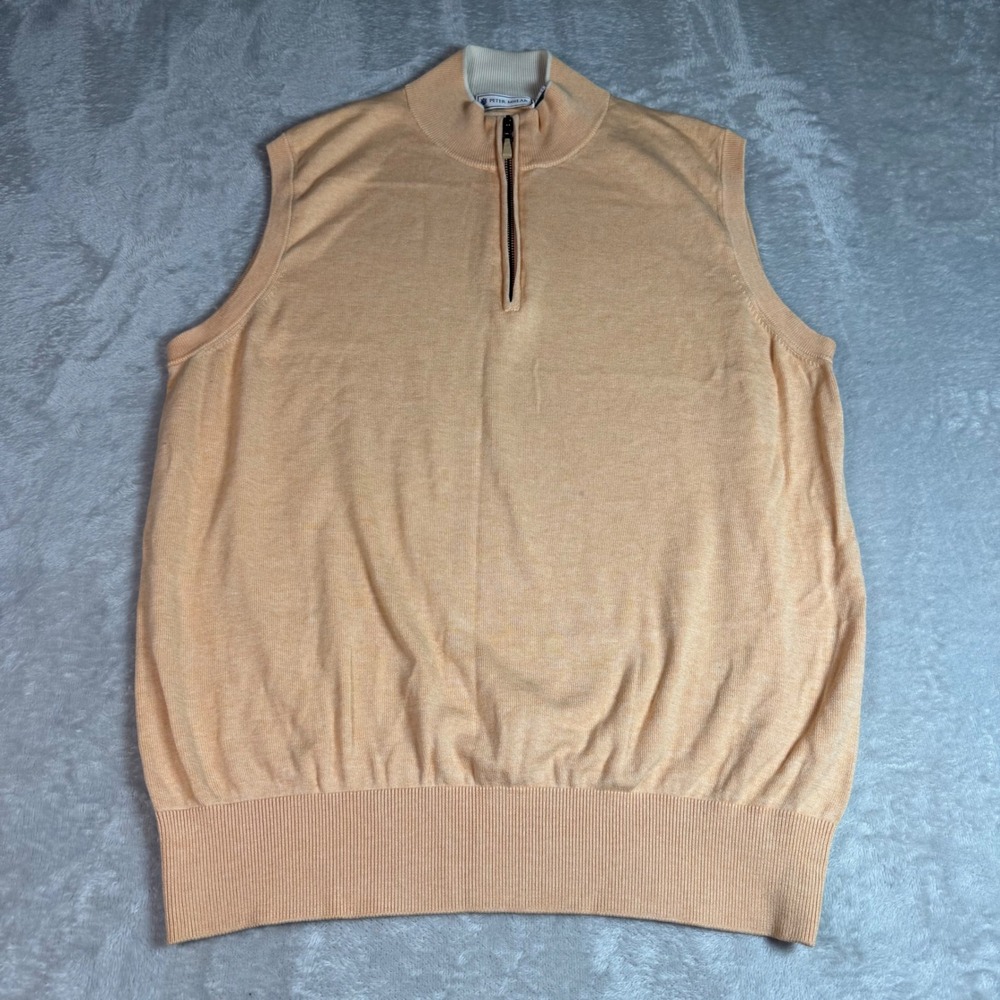 Peter Millar Mens Large Silk Cotton Cashmere 1/4 Zip Sweater Vest Peach Golf